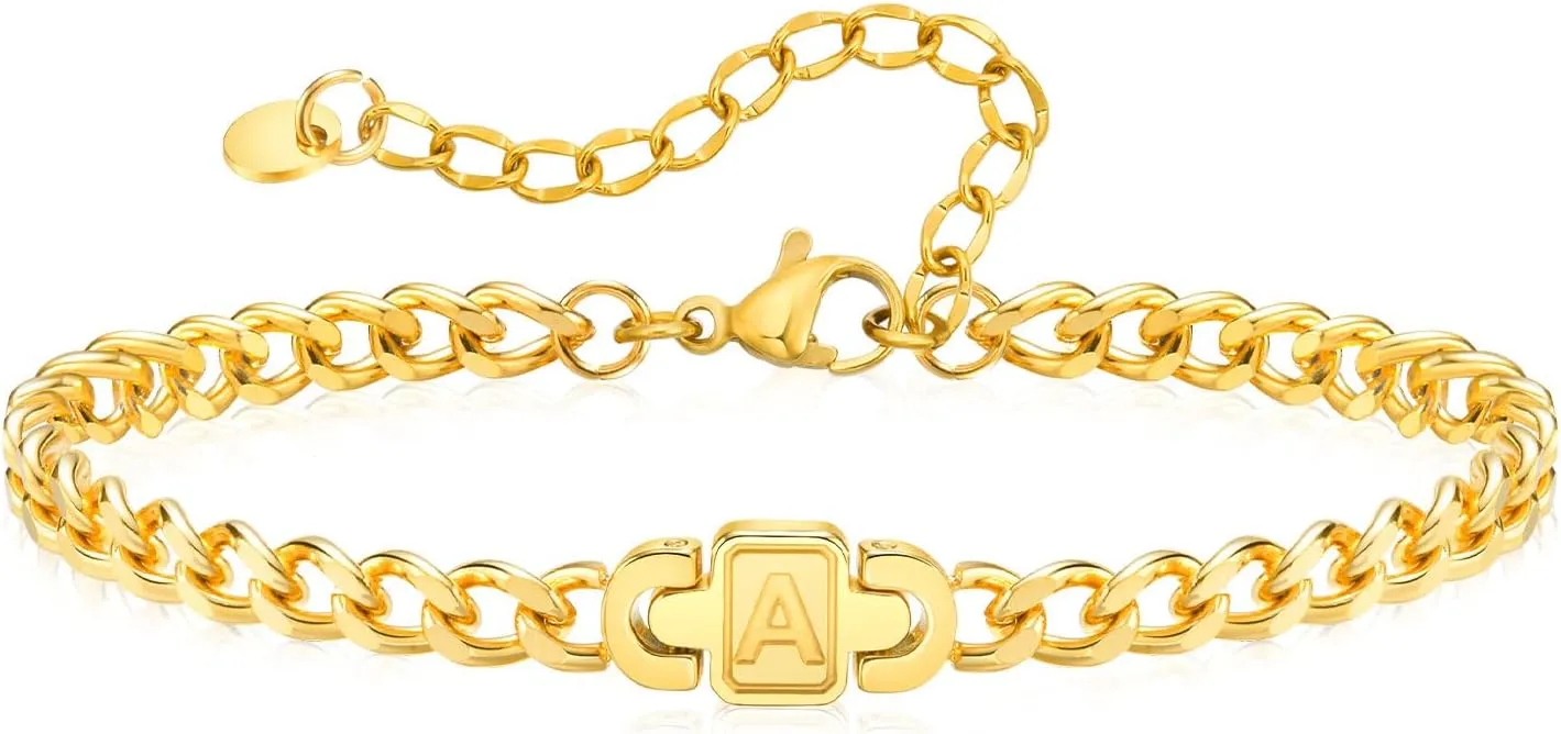 Tempbeau Initial Bracelets for Men Women - Personalized A-Z Letter Stainless Steel Cuband Link Chain Bracelet Christmas Birthday Valentines Day Trendy Jewelry Gifts Ideas for Boyfriend Teen Boys Girls