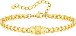 Tempbeau Initial Bracelets for Men Women - Personalized A-Z Letter Stainless Steel Cuband Link Chain Bracelet Christmas Birthday Valentines Day Trendy Jewelry Gifts Ideas for Boyfriend Teen Boys Girls