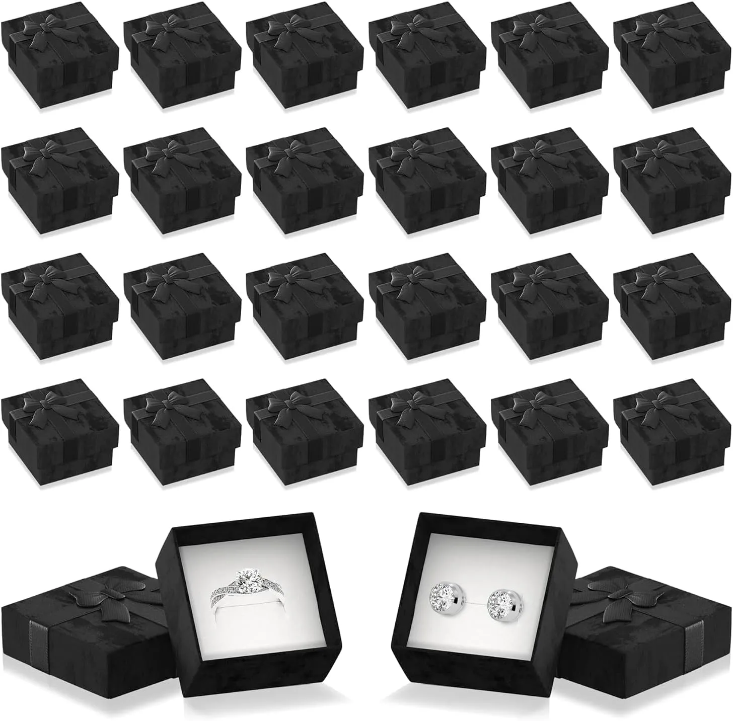 Tesorrio 24Pcs Black Ring Boxes Bulk - Elegant Design Ring Jewelry Box Set, Small Earring Box for Gift with Ribbon Knot & Soft Foam Undersize - Cute Cardboard Earring Boxes Bulk with Lid
