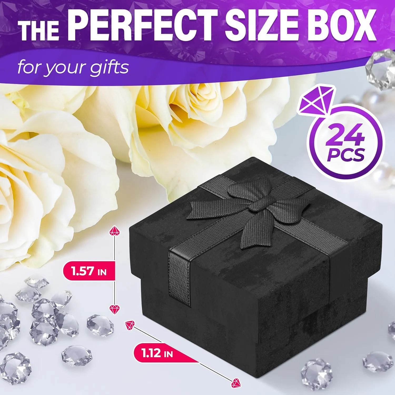 Tesorrio 24Pcs Black Ring Boxes Bulk - Elegant Design Ring Jewelry Box Set, Small Earring Box for Gift with Ribbon Knot & Soft Foam Undersize - Cute Cardboard Earring Boxes Bulk with Lid