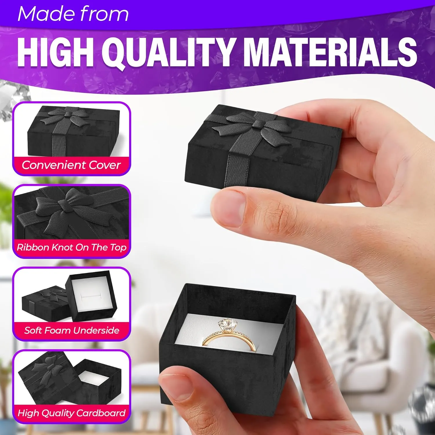 Tesorrio 24Pcs Black Ring Boxes Bulk - Elegant Design Ring Jewelry Box Set, Small Earring Box for Gift with Ribbon Knot & Soft Foam Undersize - Cute Cardboard Earring Boxes Bulk with Lid