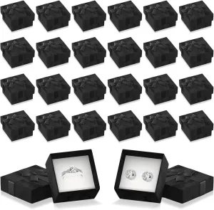 Tesorrio 24Pcs Black Ring Boxes Bulk - Elegant Design Ring Jewelry Box Set, Small Earring Box for Gift with Ribbon Knot & Soft Foam Undersize - Cute Cardboard Earring Boxes Bulk with Lid