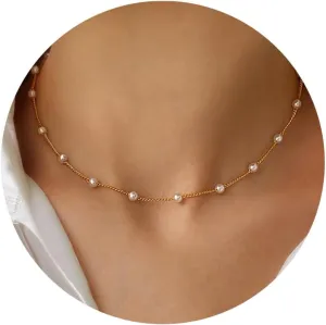 TOBENY Pearl Necklaces for Women 14k Gold Plated Handmade White Pearl Choker Necklace Dainty Small Tiny Beaded Pearl Strand Chain Necklace Delicate Single Wedding Prom Bridal Jewelry Gift