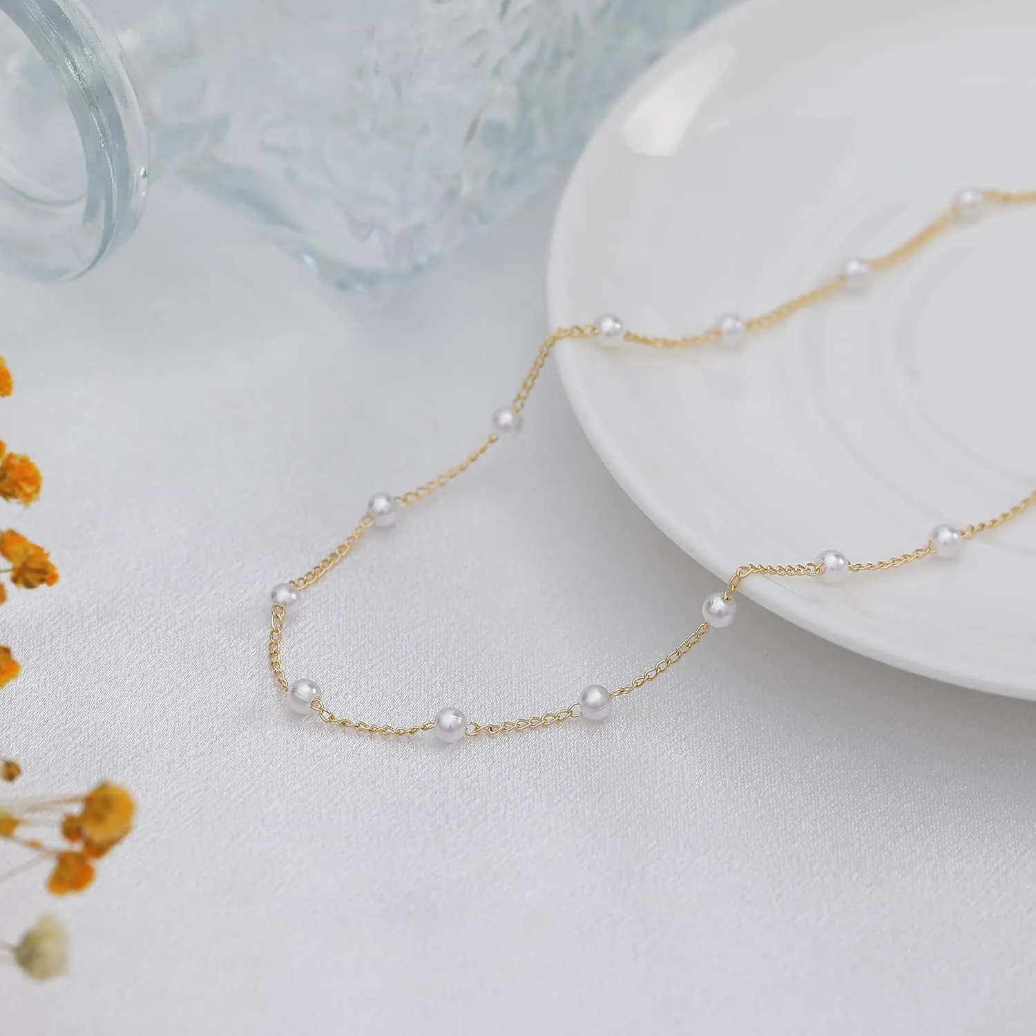 TOBENY Pearl Necklaces for Women 14k Gold Plated Handmade White Pearl Choker Necklace Dainty Small Tiny Beaded Pearl Strand Chain Necklace Delicate Single Wedding Prom Bridal Jewelry Gift
