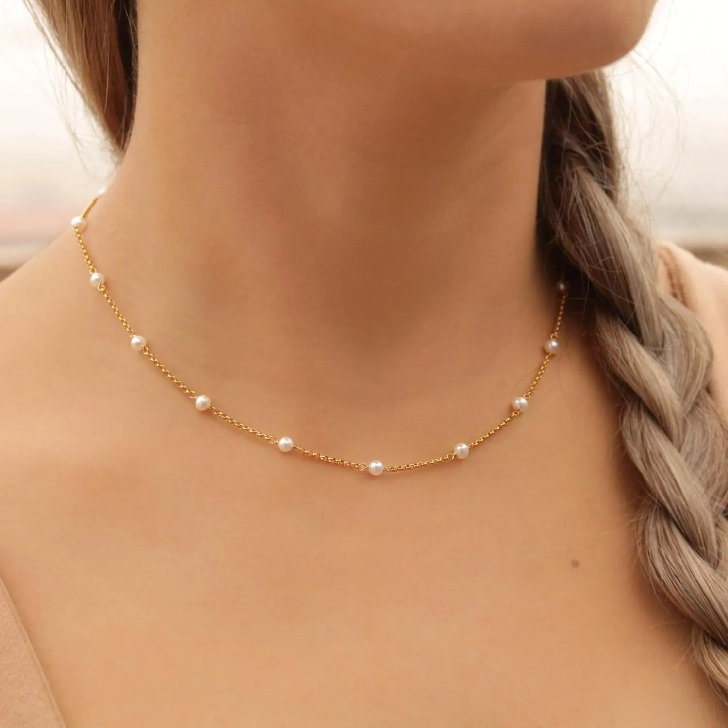 TOBENY Pearl Necklaces for Women 14k Gold Plated Handmade White Pearl Choker Necklace Dainty Small Tiny Beaded Pearl Strand Chain Necklace Delicate Single Wedding Prom Bridal Jewelry Gift