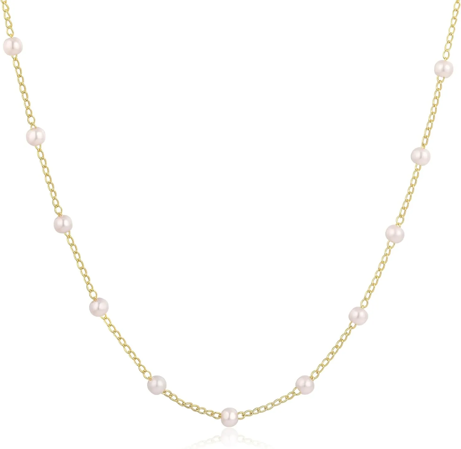 TOBENY Pearl Necklaces for Women 14k Gold Plated Handmade White Pearl Choker Necklace Dainty Small Tiny Beaded Pearl Strand Chain Necklace Delicate Single Wedding Prom Bridal Jewelry Gift