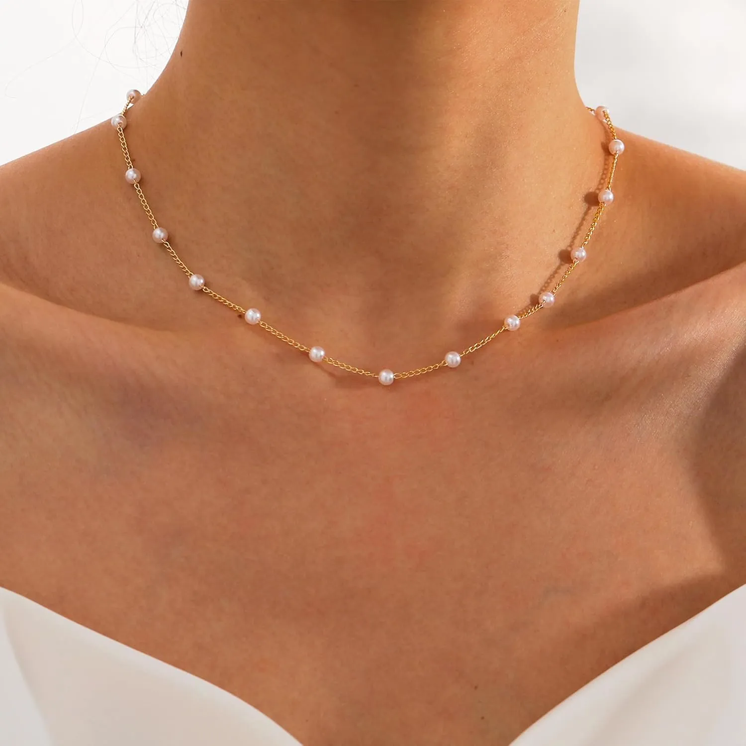 TOBENY Pearl Necklaces for Women 14k Gold Plated Handmade White Pearl Choker Necklace Dainty Small Tiny Beaded Pearl Strand Chain Necklace Delicate Single Wedding Prom Bridal Jewelry Gift