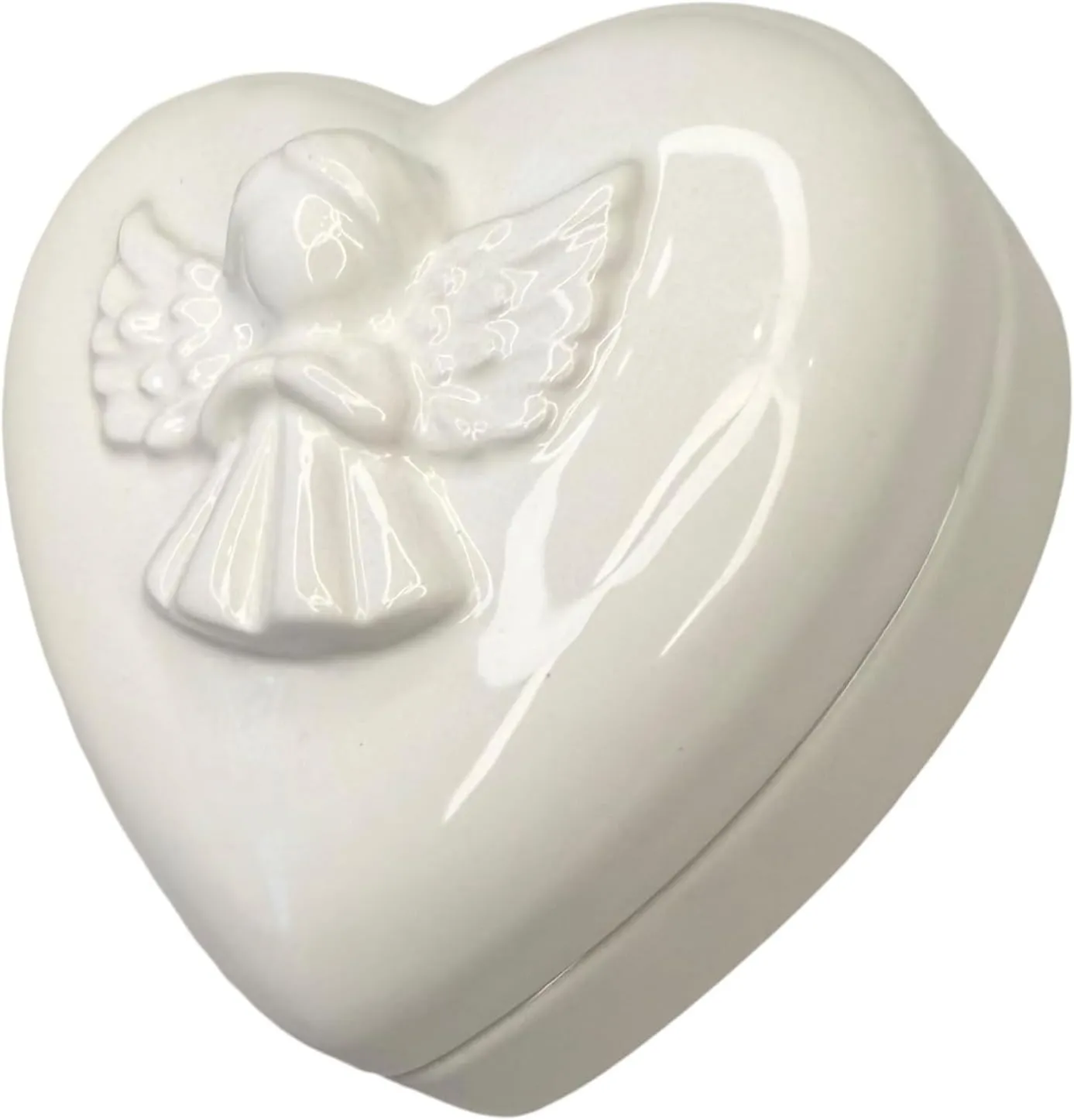 Top Brass Ceramic Angel Heart Shaped Trinket Box  Simple White High-Gloss Figurine, Jewelry, Ring, Rosary, Keepsake Holder Gift Winged Love Storage Box