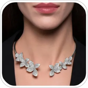 Torque Rhinestone Flower Chunky Necklace Choker Open Collar Crystal Statement Necklace for Women Trendy Boho Jewelry