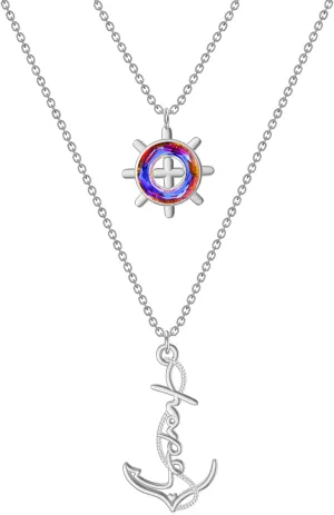 TOUPOP Anker Necklace for Women Sterling Silver Layered Necklace, Nautical Compass Hope Jewelry with Crystal Silver Layering Necklace Birthday Graduation Gift for Women