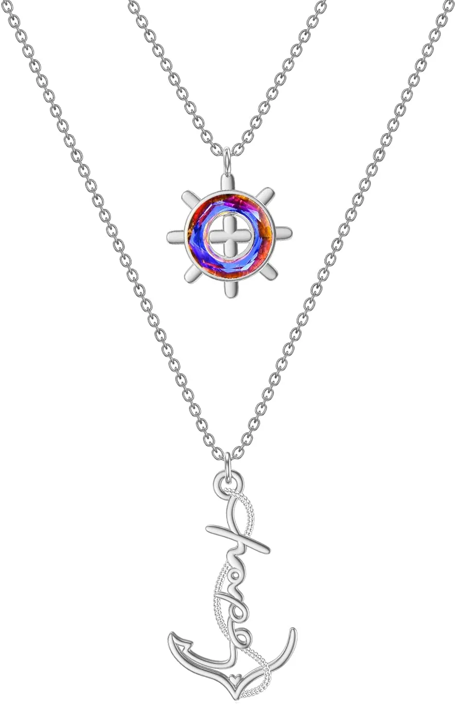 TOUPOP Anker Necklace for Women Sterling Silver Layered Necklace, Nautical Compass Hope Jewelry with Crystal Silver Layering Necklace Birthday Graduation Gift for Women