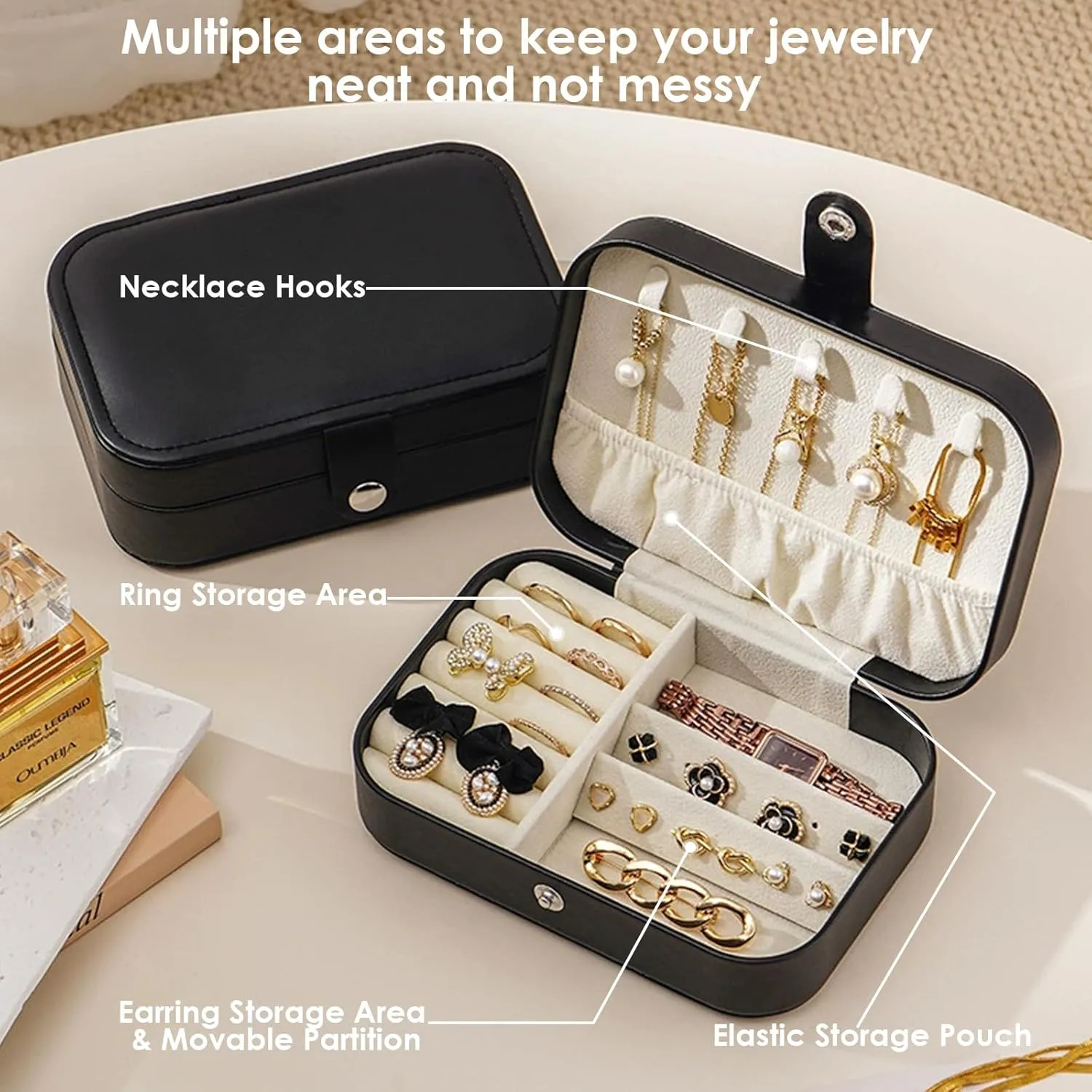 Travel Jewelry Box,Portable PU Leather Jewelry Travel Display Organizer Storage Case for Girls Womens Earring,Rings,Necklaces,Bracelets (Black)