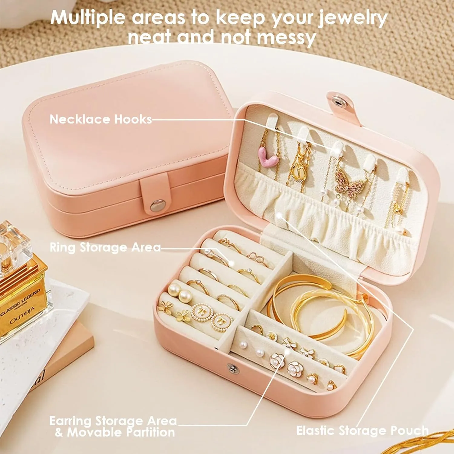 Travel Jewelry Box,Portable PU Leather Jewelry Travel Display Organizer Storage Case for Girls Womens Earring,Rings,Necklaces,Bracelets (Pink)