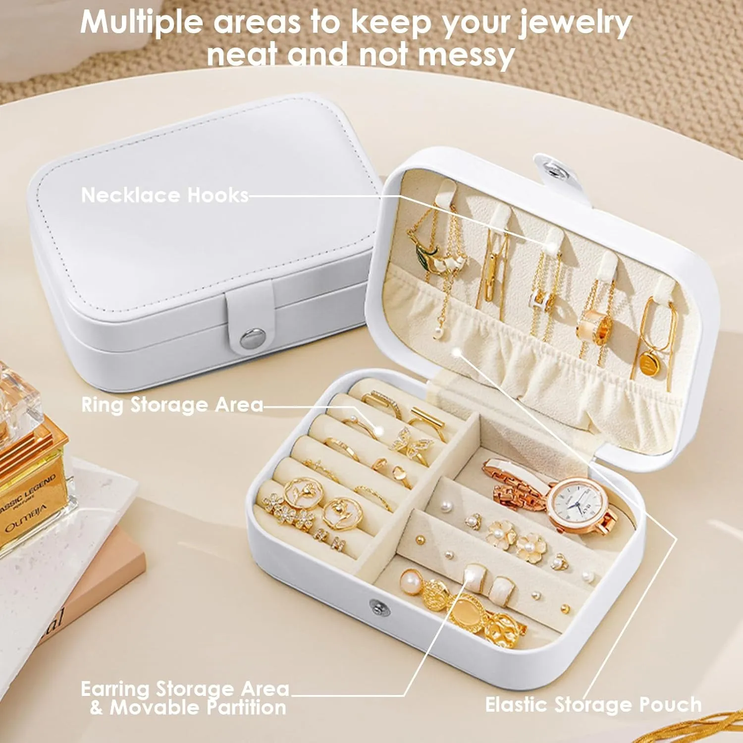 Travel Jewelry Box,Portable PU Leather Jewelry Travel Display Organizer Storage Case for Girls Womens Earring,Rings,Necklaces,Bracelets (White)