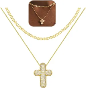 Trendy Bubble Cross Necklace for Women Mariner Chain Stackable Necklace Zircon Cross Pendant Necklace Set for Women Faith Jewelry