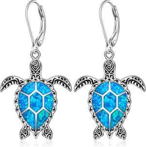 Turtle Earrings Sterling Silver Blue Opal Sea Turtle Earrings for Women Turtles Leverback Drop Dangle Retro Hawaiian Ocean Jewelry