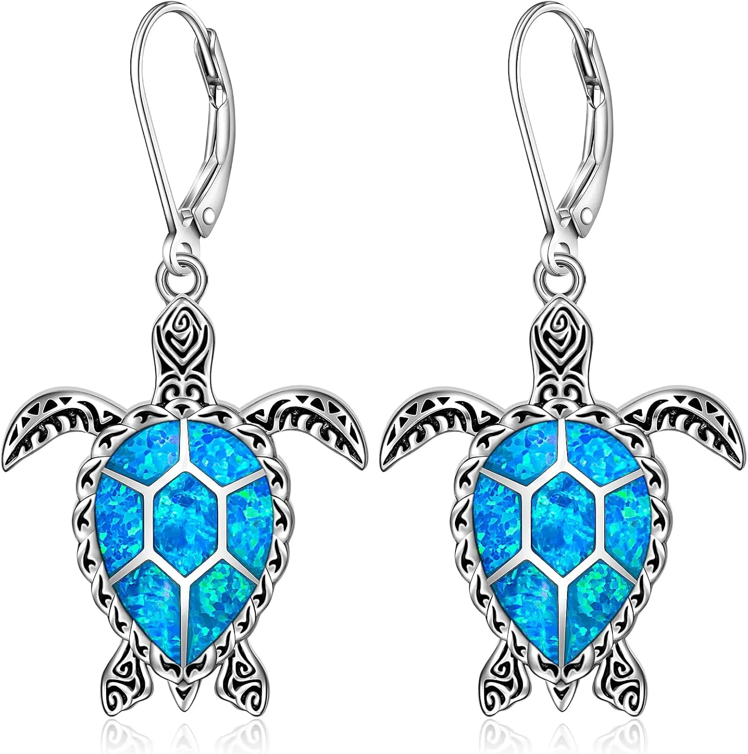 Turtle Earrings Sterling Silver Blue Opal Sea Turtle Earrings for Women Turtles Leverback Drop Dangle Retro Hawaiian Ocean Jewelry