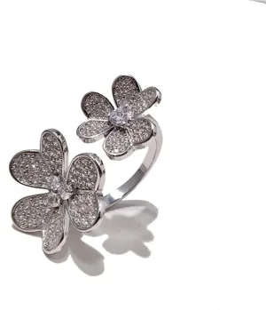 U/B Double Clover Rings for Women Shining Cubic Zirconia Ring 18K Gold Plated Adjustable Ring Ladies Fashion Handmade Flower Exquisite Jewelry