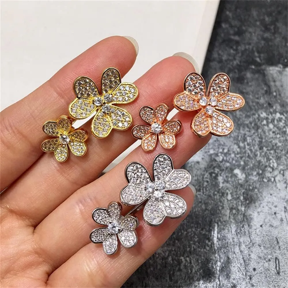 U/B Double Clover Rings for Women Shining Cubic Zirconia Ring 18K Gold Plated Adjustable Ring Ladies Fashion Handmade Flower Exquisite Jewelry