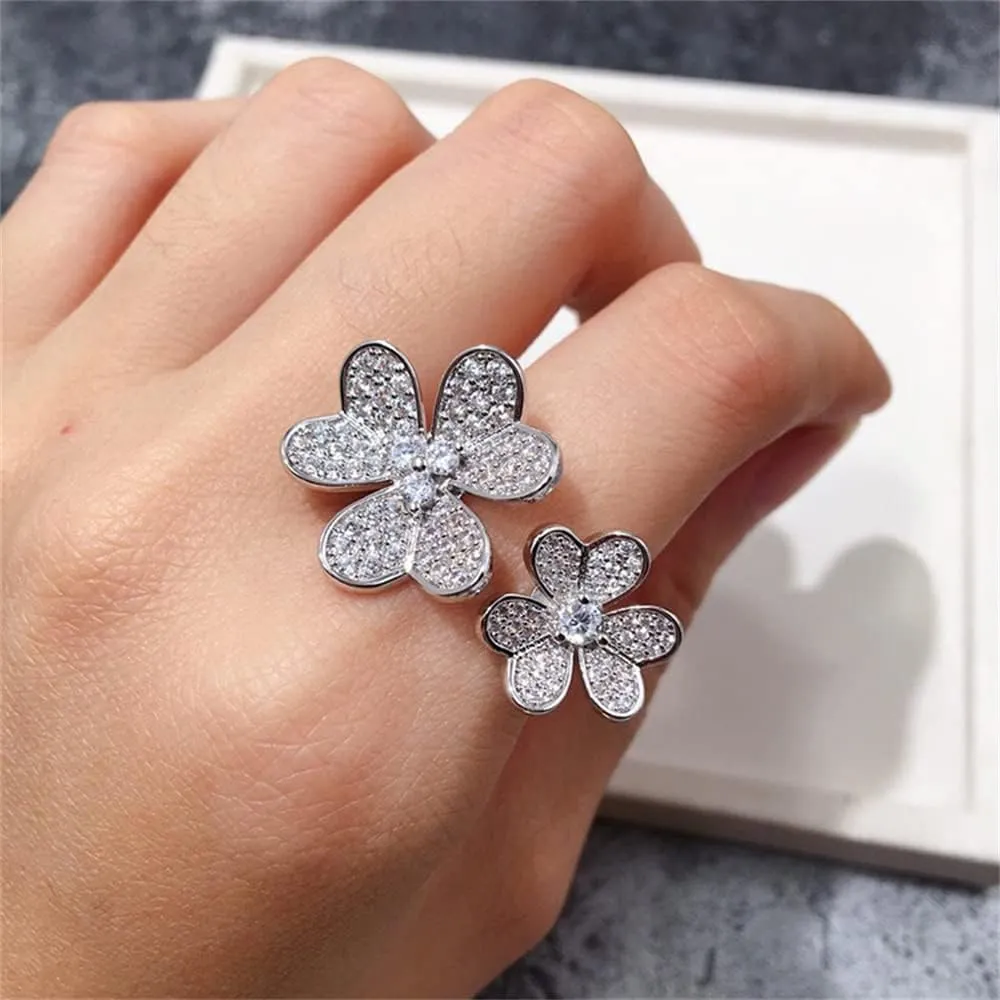 U/B Double Clover Rings for Women Shining Cubic Zirconia Ring 18K Gold Plated Adjustable Ring Ladies Fashion Handmade Flower Exquisite Jewelry