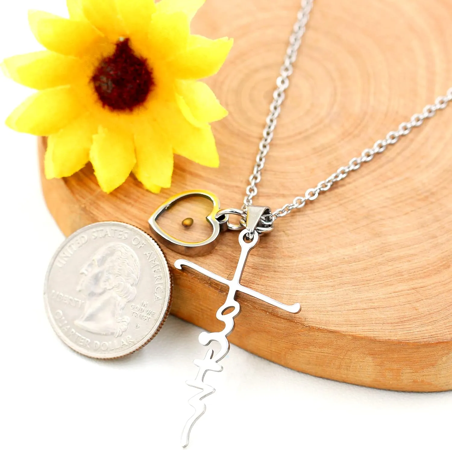 Uloveido Initial Faith Cross Necklace with Mustard Seed Heart Christian Jewelry Stainless Y1378