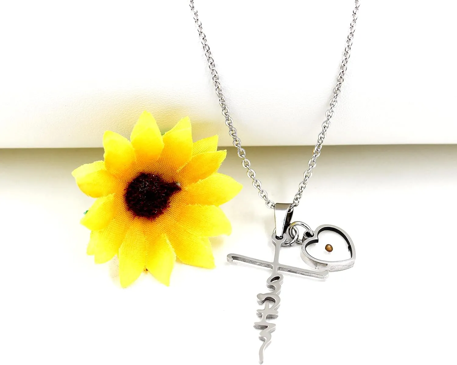 Uloveido Initial Faith Cross Necklace with Mustard Seed Heart Christian Jewelry Stainless Y1378