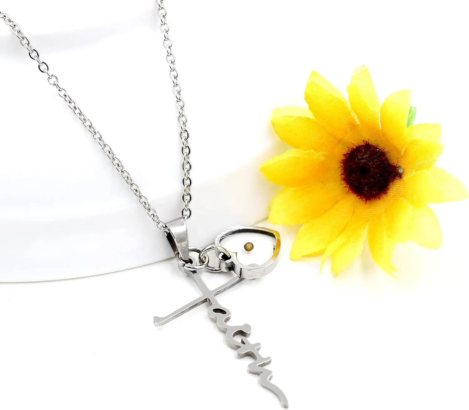 Uloveido Initial Faith Cross Necklace with Mustard Seed Heart Christian Jewelry Stainless Y1378