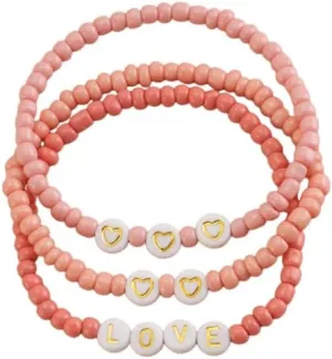Valentine's Day Beaded Bracelet Set Stackable Pink Love Heart Bracelet Galentine Friendship Beaded Stretch Bracelets Valentine's Day Date Anniversary Jewelry Gift