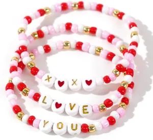 Valentine's Day Beaded Bracelet Set Stackable Pink Love Heart Bracelet Galentine Friendship Beaded Stretch Bracelets Valentine's Day Date Anniversary Jewelry Gifts