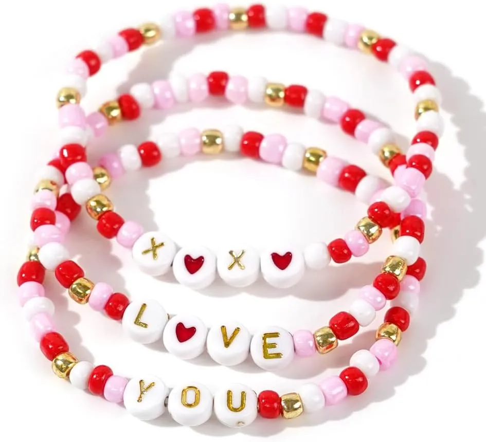 Valentine's Day Beaded Bracelet Set Stackable Pink Love Heart Bracelet Galentine Friendship Beaded Stretch Bracelets Valentine's Day Date Anniversary Jewelry Gifts