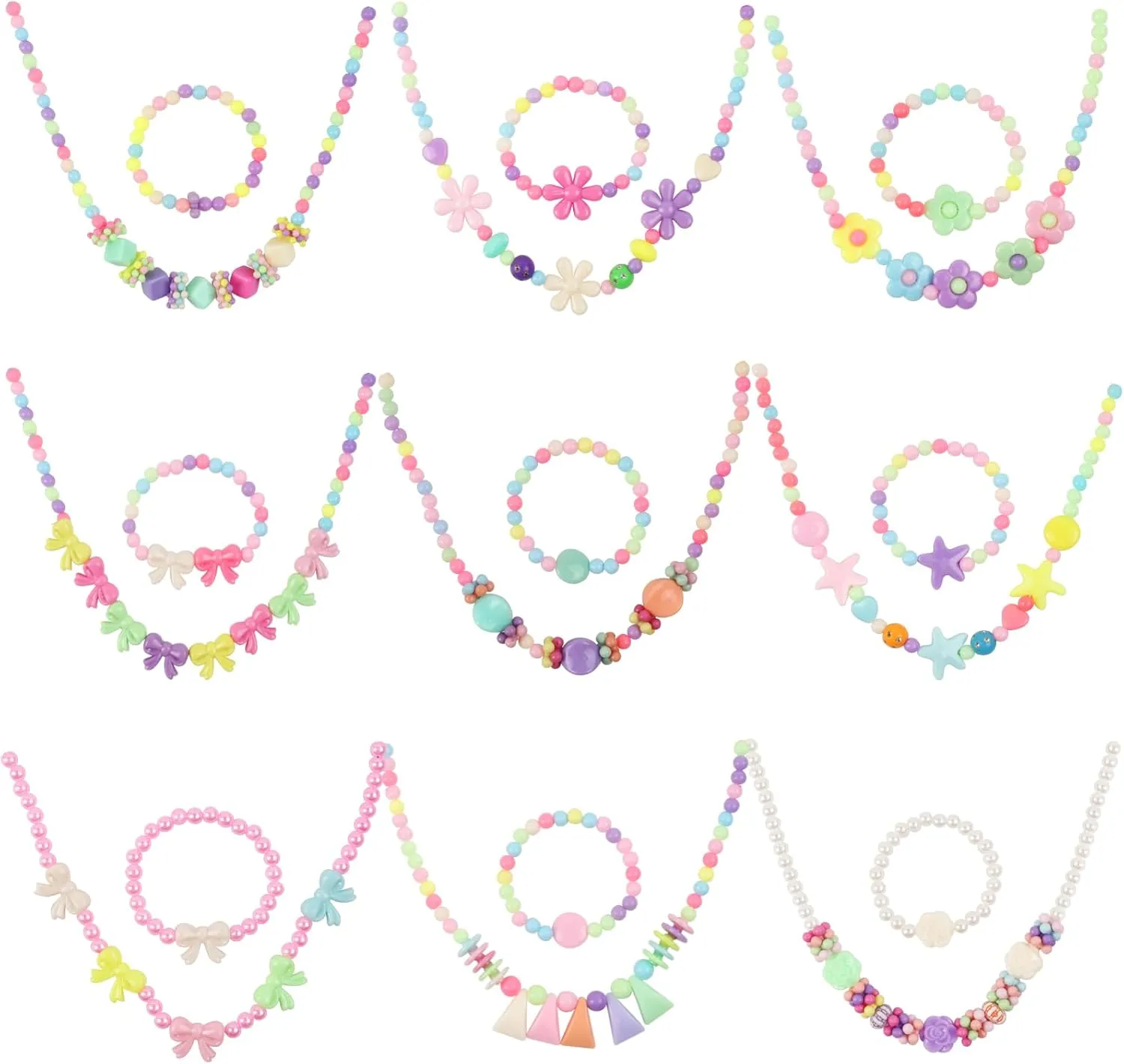 Vefungyan Beaded Necklace and Bracelet Girls: 9 Sets kids Dress Up Jewelry Favors Bags for Princess party Pretend Play