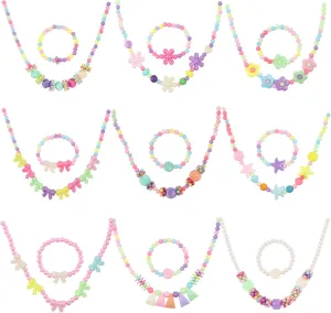 Vefungyan Beaded Necklace and Bracelet Girls: 9 Sets kids Dress Up Jewelry Favors Bags for Princess party Pretend Play
