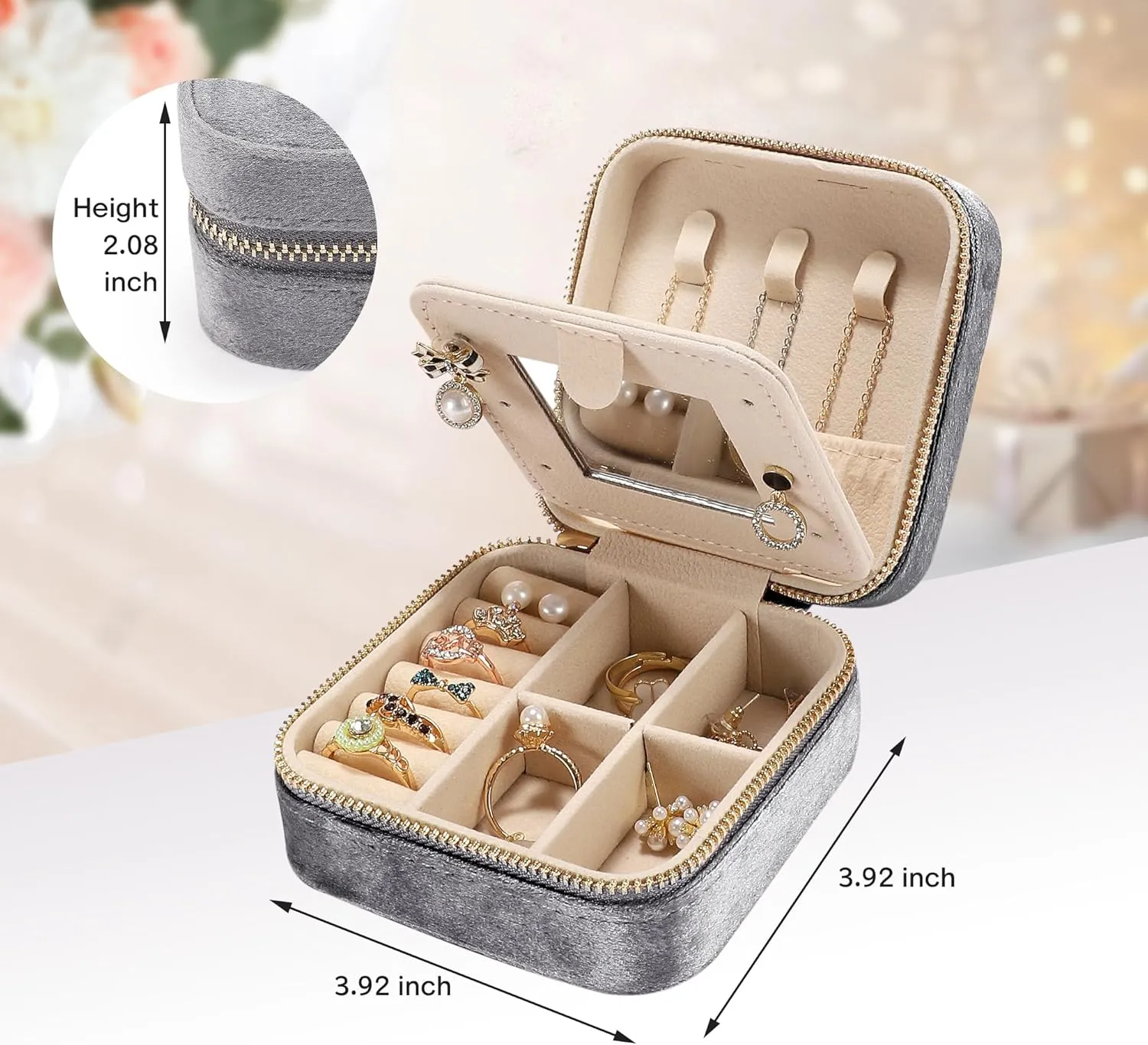 Velvet Travel Jewelry Box for Women - Small Portable Organizer, Storage Case for Rings, Earrings and Girls Necklaces, Ideal Gift for Travel (Gray)