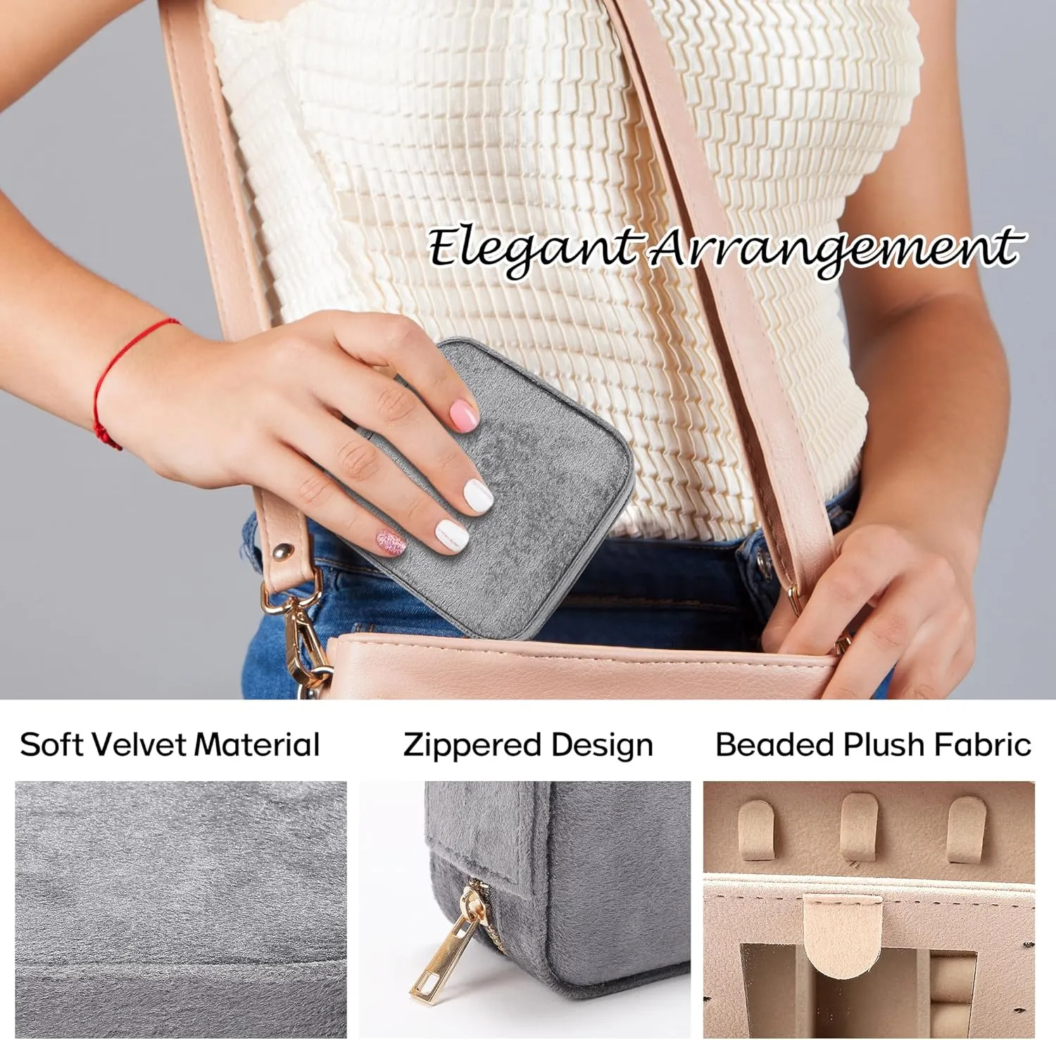 Velvet Travel Jewelry Box for Women - Small Portable Organizer, Storage Case for Rings, Earrings and Girls Necklaces, Ideal Gift for Travel (Gray)