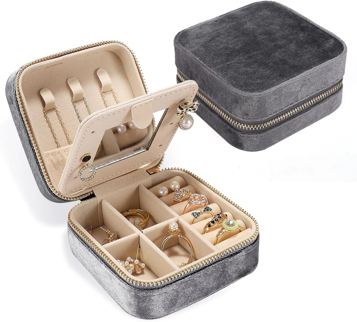 Velvet Travel Jewelry Box for Women - Small Portable Organizer, Storage Case for Rings, Earrings and Girls Necklaces, Ideal Gift for Travel (Gray)