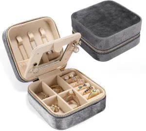 Velvet Travel Jewelry Box for Women - Small Portable Organizer, Storage Case for Rings, Earrings and Girls Necklaces, Ideal Gift for Travel (Gray)