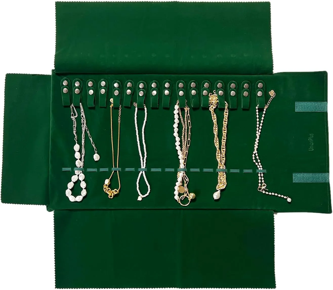 Velvet Travel Jewelry Roll Bag Organizer for Necklace, Elastic Band and Anti-winding, Blackish Green
