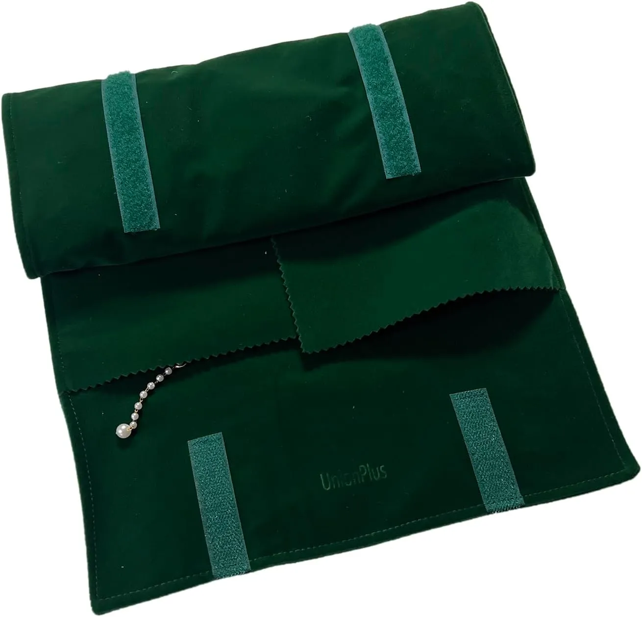 Velvet Travel Jewelry Roll Bag Organizer for Necklace, Elastic Band and Anti-winding, Blackish Green