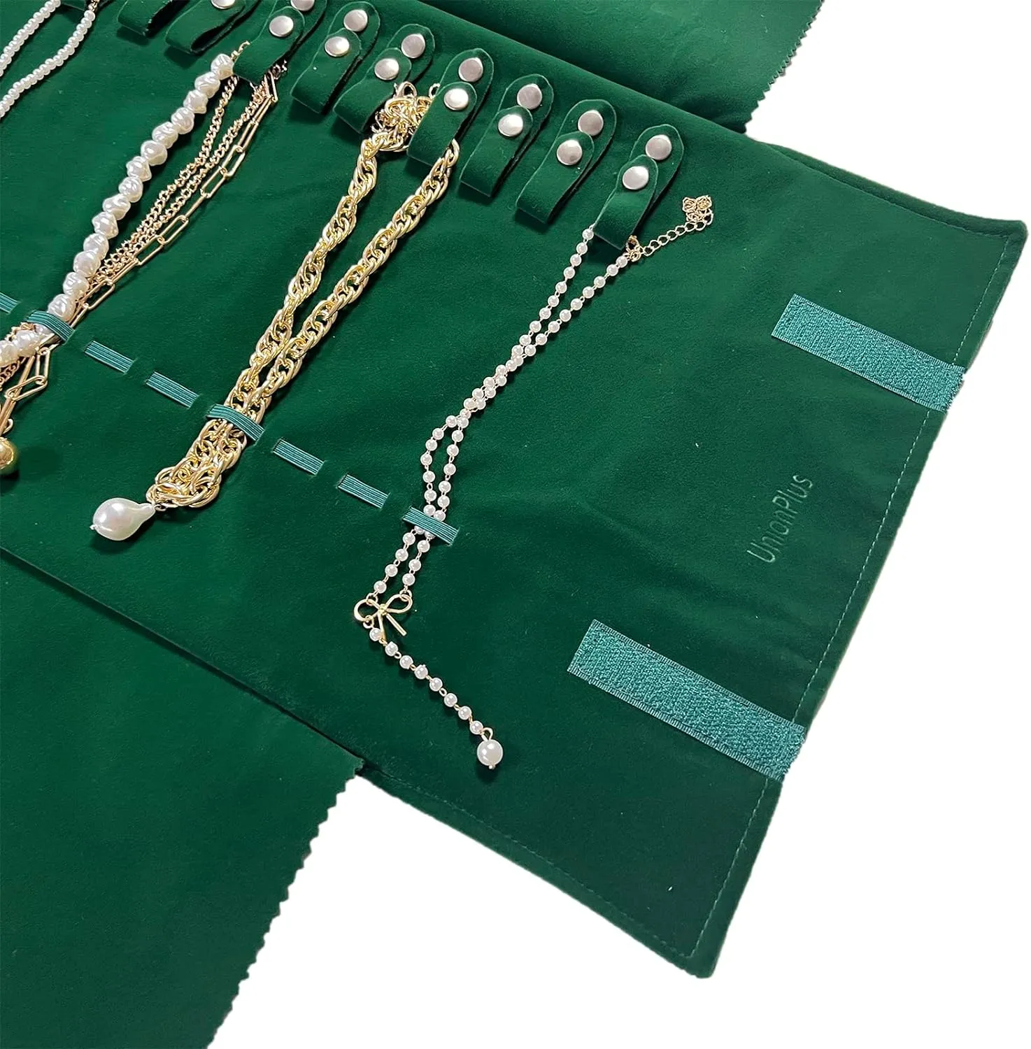 Velvet Travel Jewelry Roll Bag Organizer for Necklace, Elastic Band and Anti-winding, Blackish Green