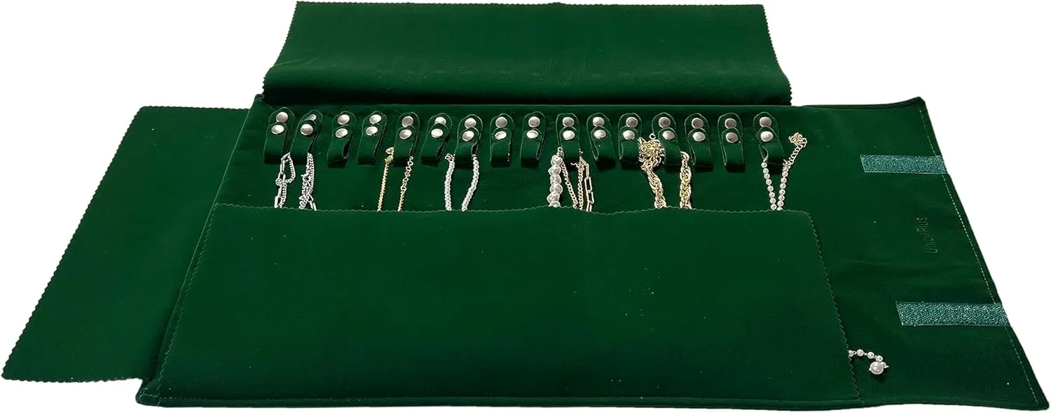 Velvet Travel Jewelry Roll Bag Organizer for Necklace, Elastic Band and Anti-winding, Blackish Green