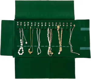 Velvet Travel Jewelry Roll Bag Organizer for Necklace, Elastic Band and Anti-winding, Blackish Green