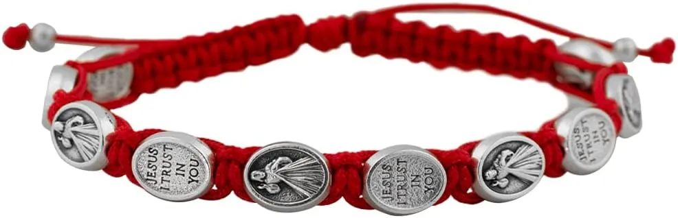 Venerare Woven Cord Bracelet | 10 Beautiful Divine Mercy Medal Beads | Adjustable | Red and White | Great Catholic Gift for First Communion, Confirmation, and Ordination | Stylish Religious Accessory