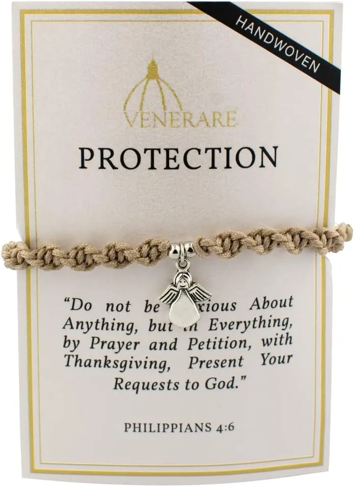 Venerare Woven Twist Bracelet with Angel Charm | Adjustable Size | Green and Tan | Great Catholic Gift for First Communion, Confirmation, and Ordination | Stylish Religious Accessory