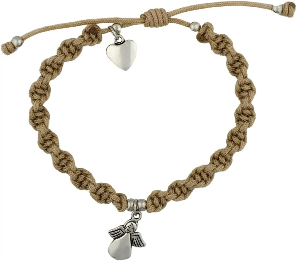 Venerare Woven Twist Bracelet with Angel Charm | Adjustable Size | Green and Tan | Great Catholic Gift for First Communion, Confirmation, and Ordination | Stylish Religious Accessory
