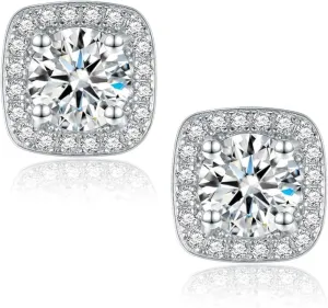 Verona 925 Sterling Silver Cz stud earrings, Cubic Zirconia Halo Stud Earrings for Women, White Gold 10MM Square Round