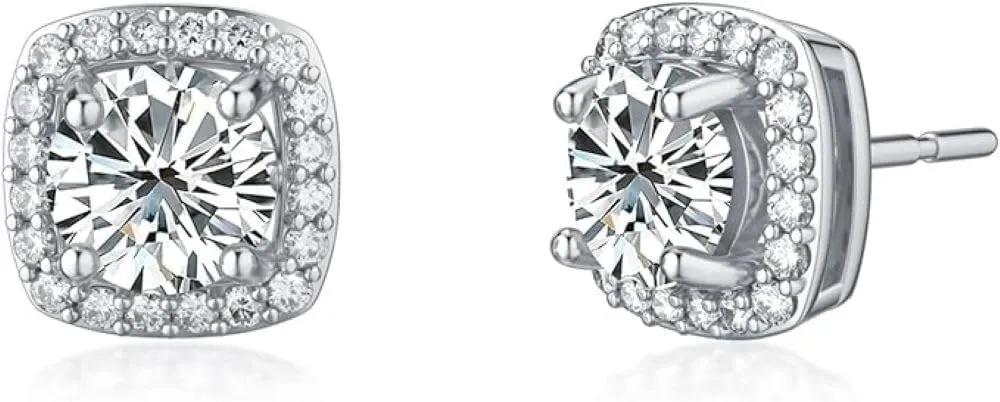 Verona 925 Sterling Silver Cz stud earrings, Cubic Zirconia Halo Stud Earrings for Women, White Gold 10MM Square Round