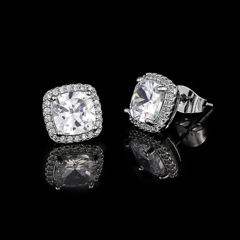 Verona 925 Sterling Silver Cz stud earrings, Cubic Zirconia Halo Stud Earrings for Women, White Gold 10MM Square Round