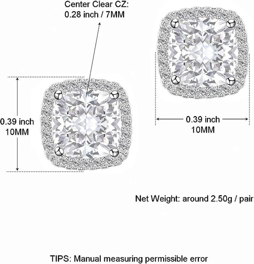 Verona 925 Sterling Silver Cz stud earrings, Cubic Zirconia Halo Stud Earrings for Women, White Gold 10MM Square Round