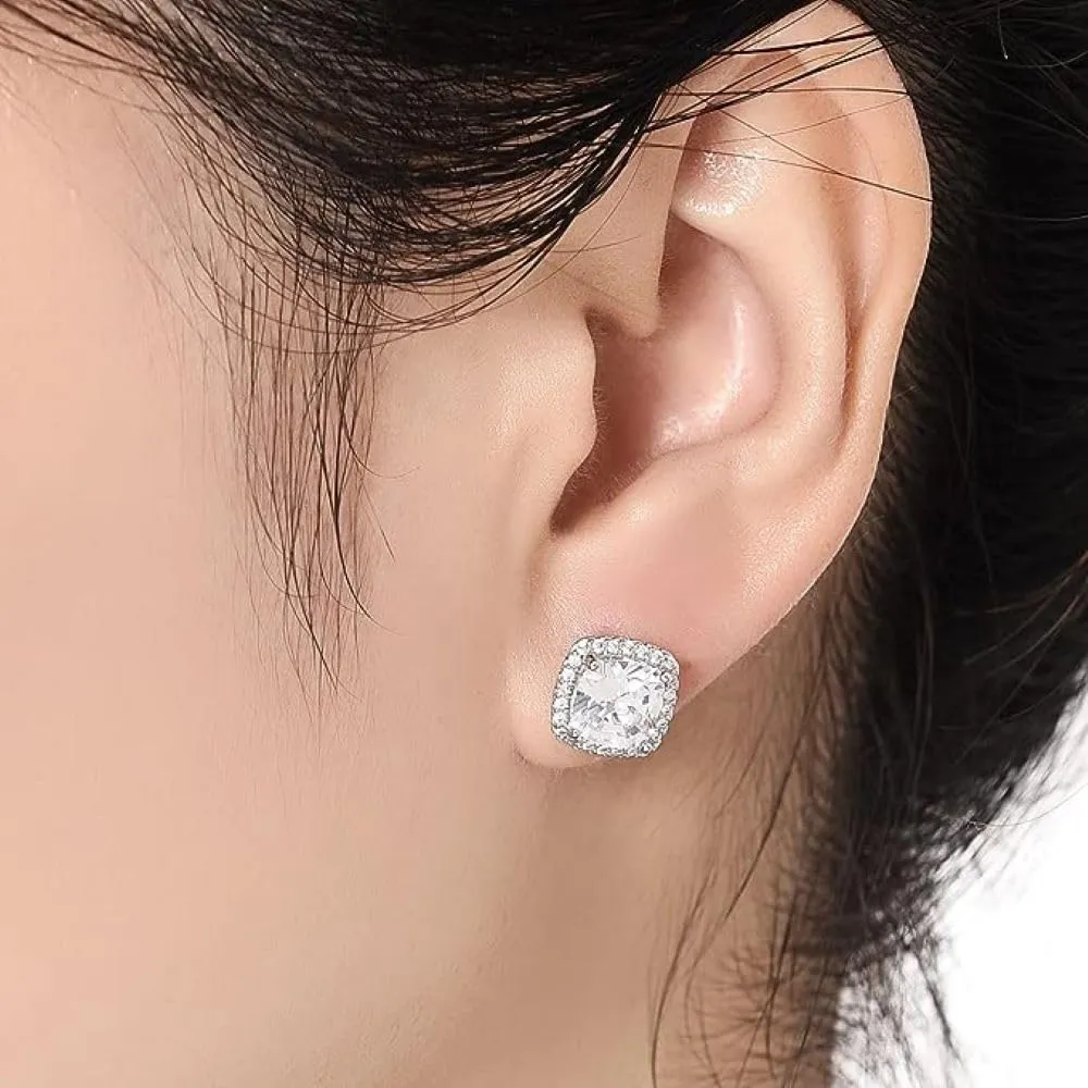 Verona 925 Sterling Silver Cz stud earrings, Cubic Zirconia Halo Stud Earrings for Women, White Gold 10MM Square Round