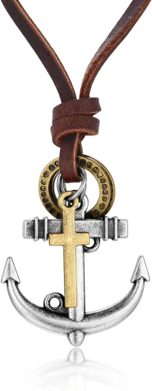 Vintage Cross Nautical Marine Anchor Pendant Necklace, Adjustable Brown Leather, Men Women, Ethnic